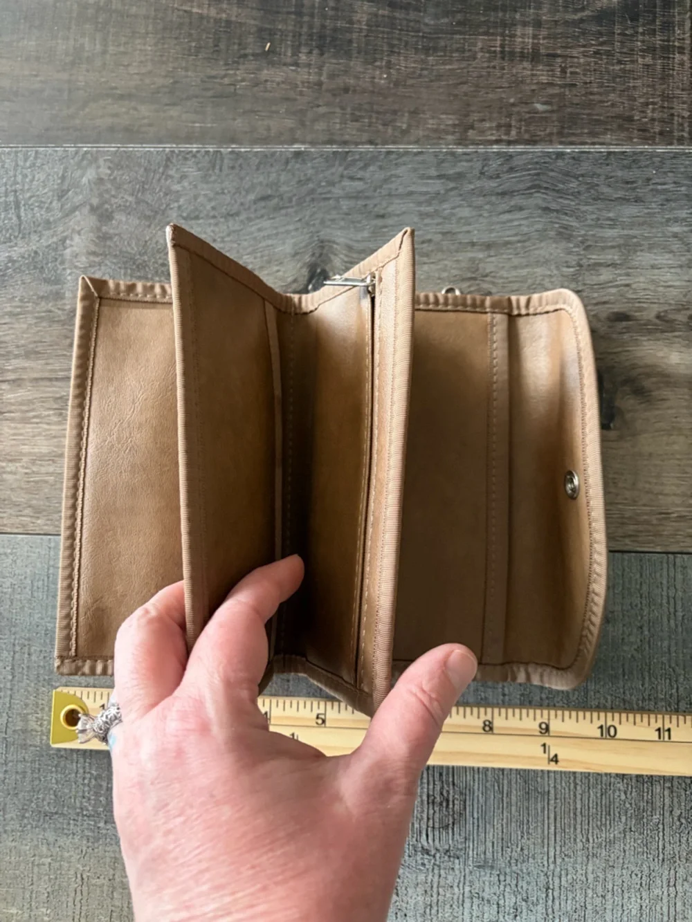 Taupe Tri-Fold Wallet Organizer Snap Clutch w Zip Coin Pocket